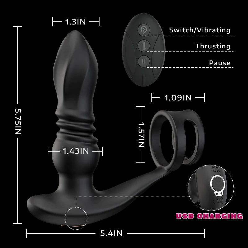 Ellis-7 Thrusting & Vibrating Drill Spirals Double Cock Rings Prostate Massager - xbelo