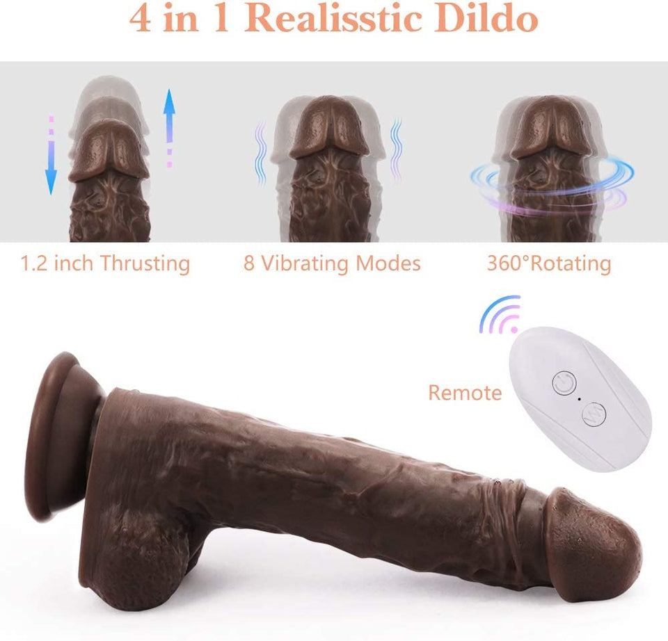 Thrusting & Vibrating Remote Control Silicone Dildo in Brown