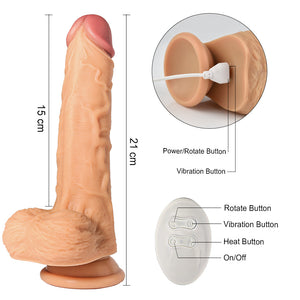 3 IN 1 Thrusting Dildo with Rotate Heat Dark Skin Remote Control